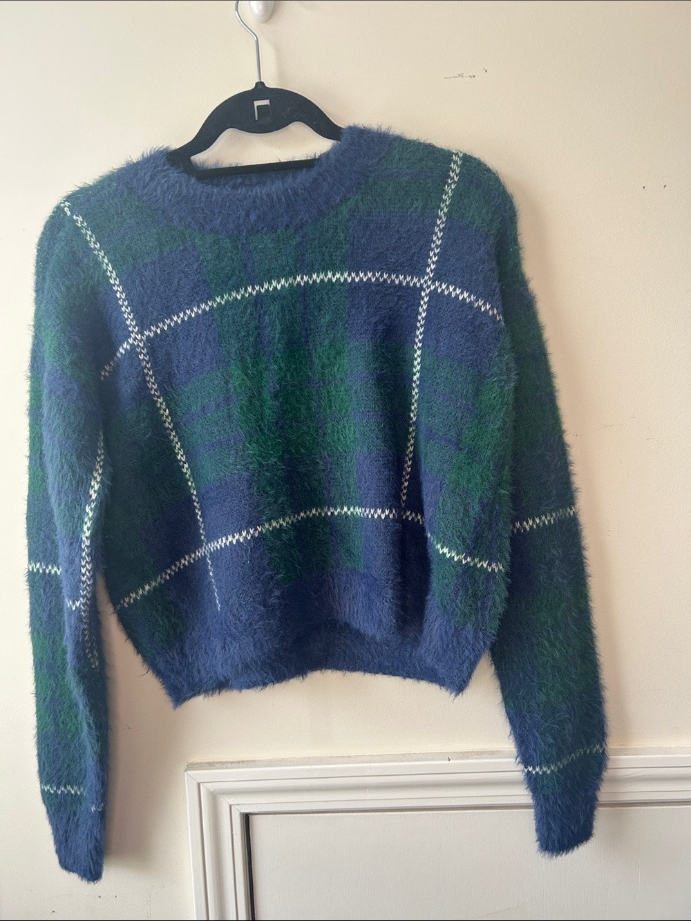 Fuzzy Plaid Crewneck Sweater in Navy & Green